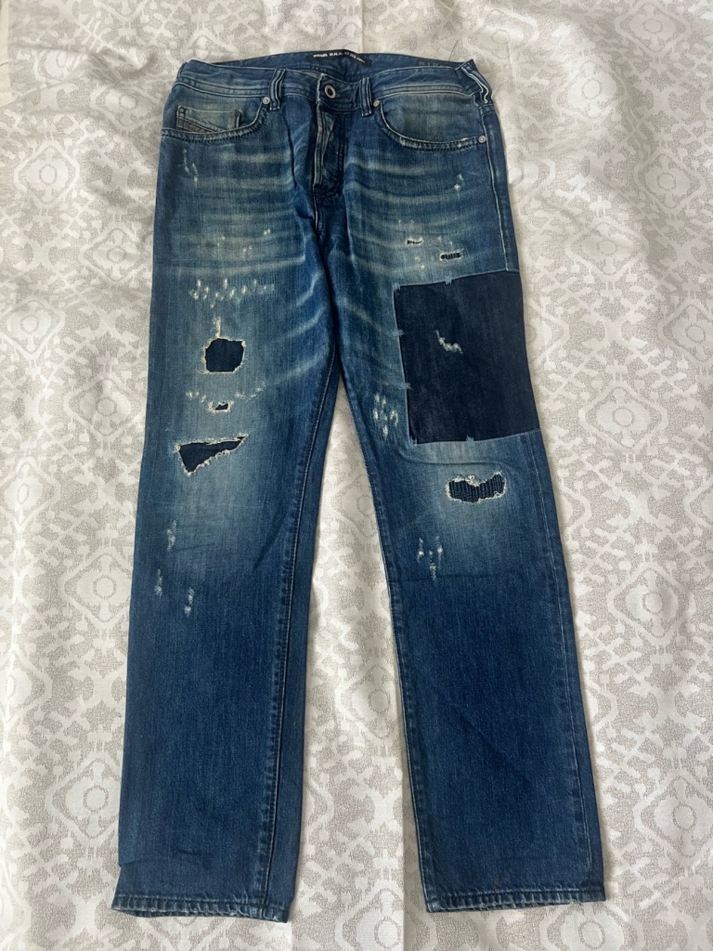 Diesel Men's Blue Distressed Regular Slim - Tapered Jeans with Patch